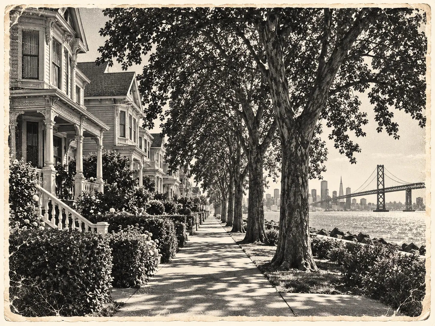 Illustration of Victorian houses, large trees, and a Bay waterfront
